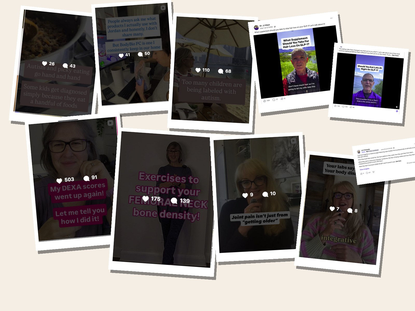 A collage of social media posts and content from Erin and her clients, showing consistent engagement, comments, and reach